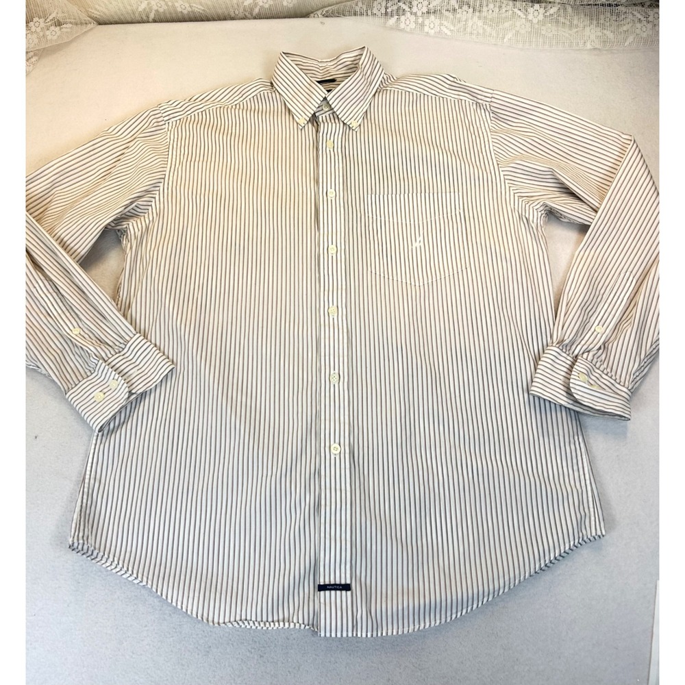 Nautica Button Down Shirt Mens Large White Tan Striped Preppy